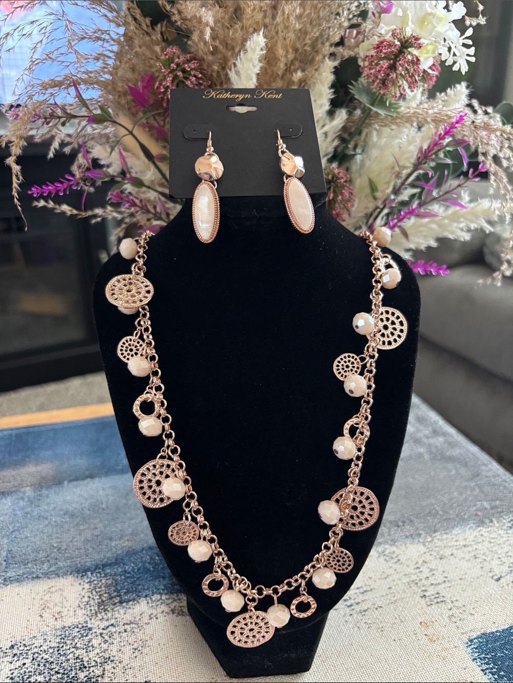 RSVP Rose Gold Filigree Necklace with Blush Bead Drops